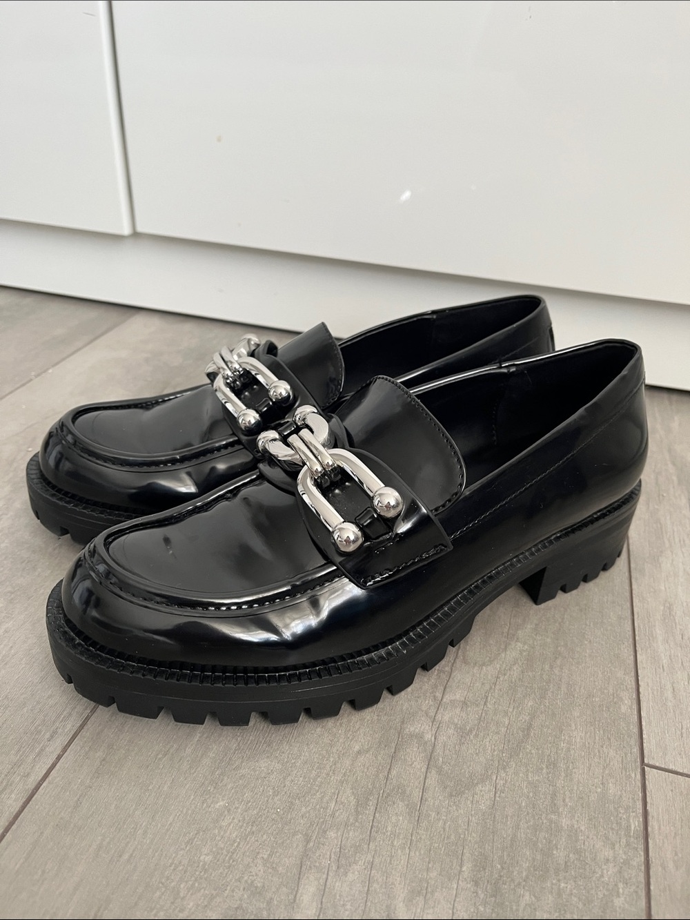 Zara Black Patent Chunky Loafers with Silver Chain Accent, Size 38